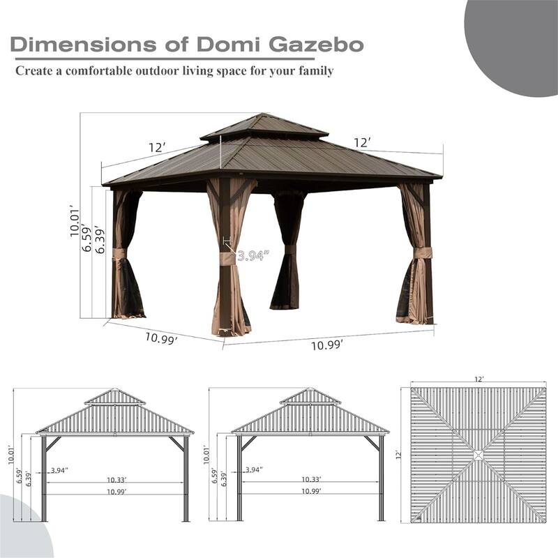 GDFStudio - Madison Outdoor Grove Hardtop Gazebo with Double Roof, Curtains & Netting