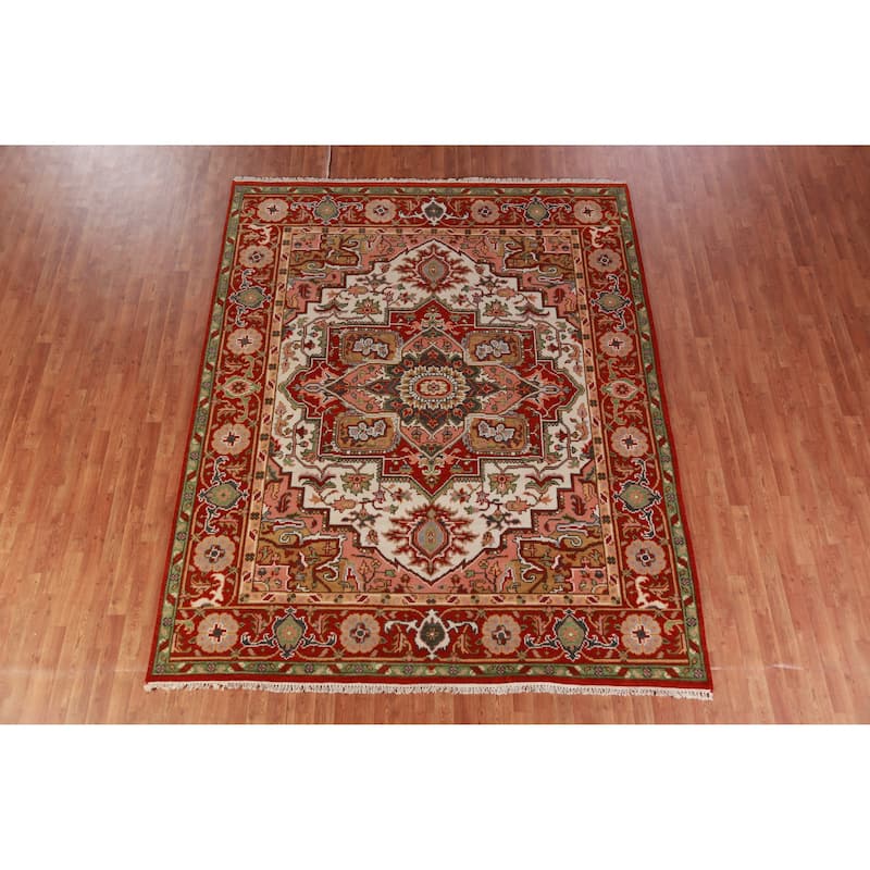 Hand Knotted Oriental 100% Wool Carpet Traditional Medallion Beige & Ivories Heriz (serapi) Area Rug - 9' 11'' X 8' 0''