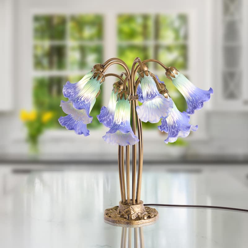 21.5-inch Antique Brass and Hand Blown Glass 10 Lily Downlight Table Lamp - 20.25" x 20.25" x 21.5"