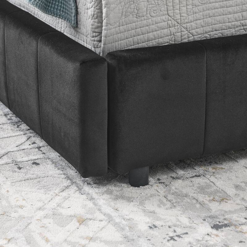 Full Size Upholstered Tufted Bed Frame with Backrest, Armrests, and Storage Drawers, Velvet Black
