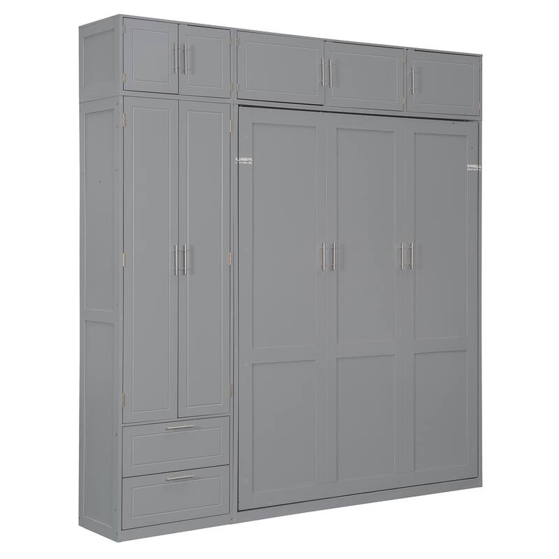 Queen Size Murphy Bed with Cabinet & Wardrobe - Space Saving Wall Bed with Shelves, Foldable Bed for Small Rooms & Home Office