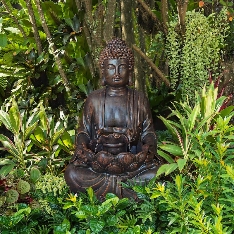 Glitzhome Polyresin Meditating Buddha Frog/Elephant Statue Outdoor Water Fountain with LED Lights
