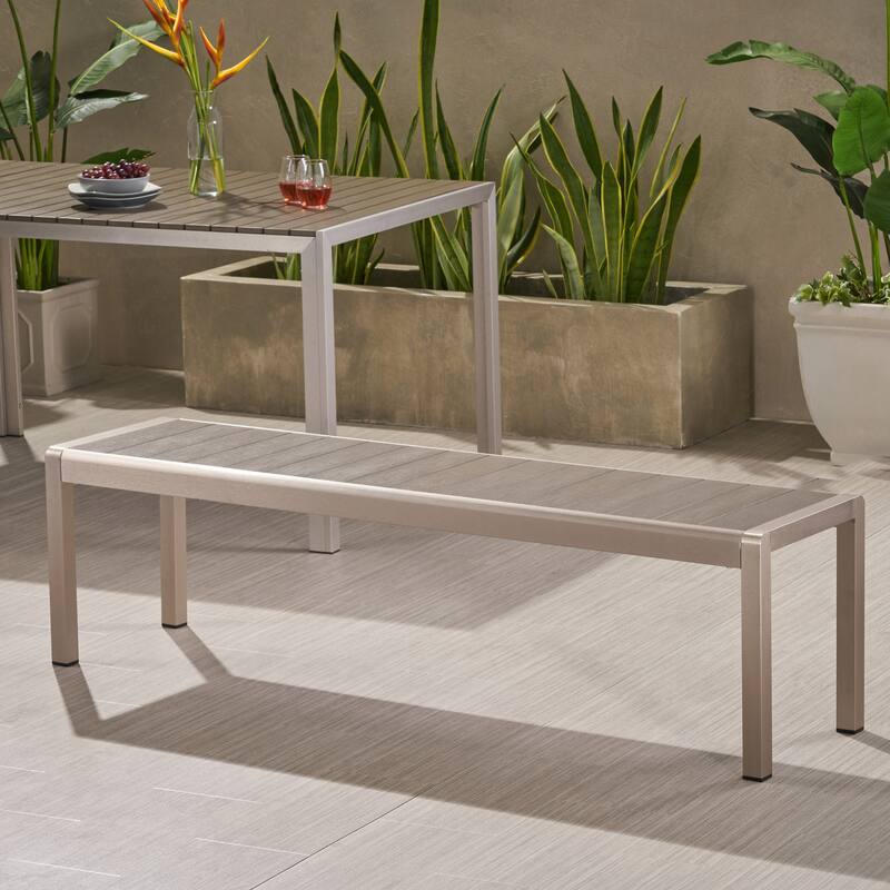 Cape Coral Outdoor Modern Aluminum Dining Bench with Faux Wood Seat by Christopher Knight Home - Gray+Silver