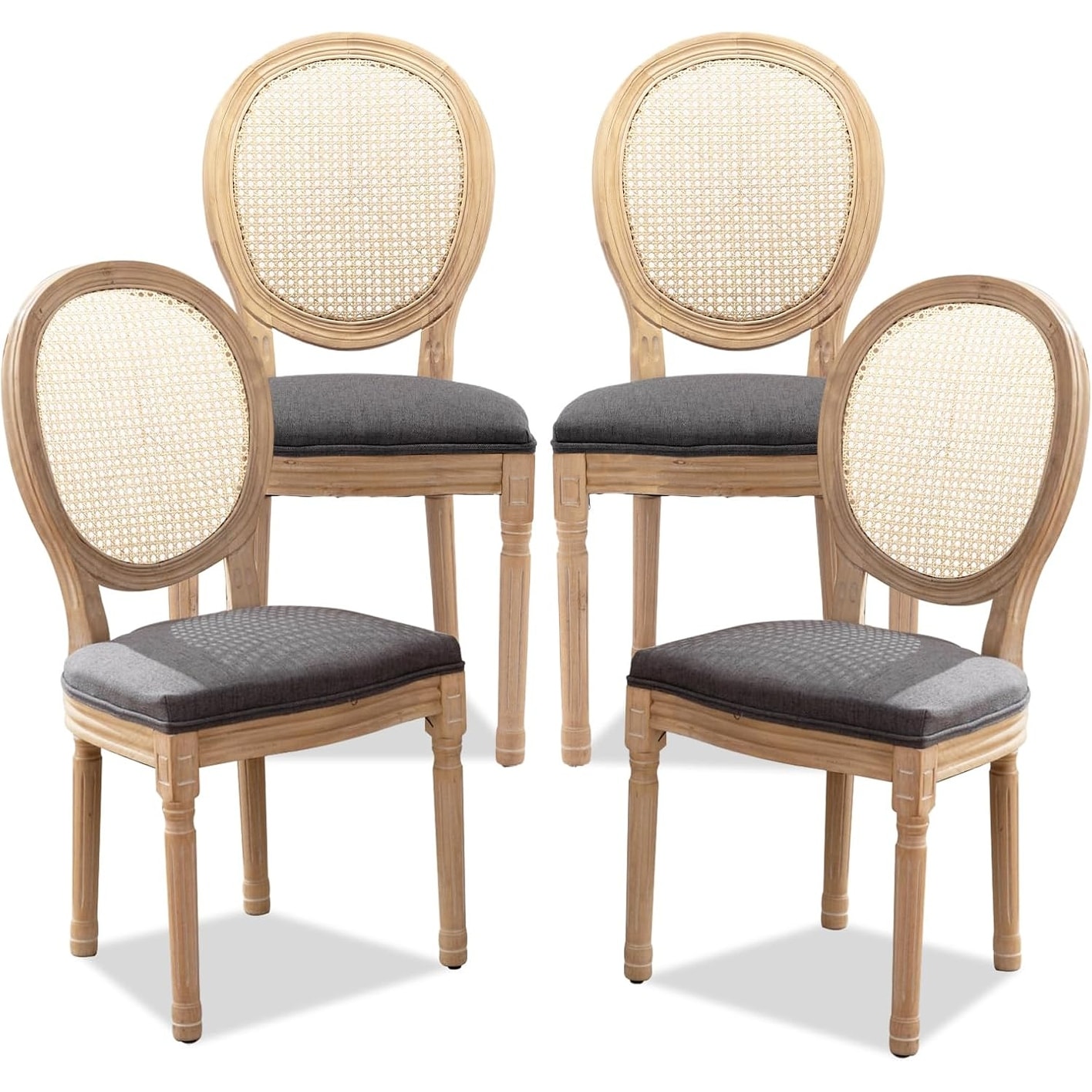Set of 4 Farmhouse Rattan Dining Chairs with Round Back, Deep Grey
