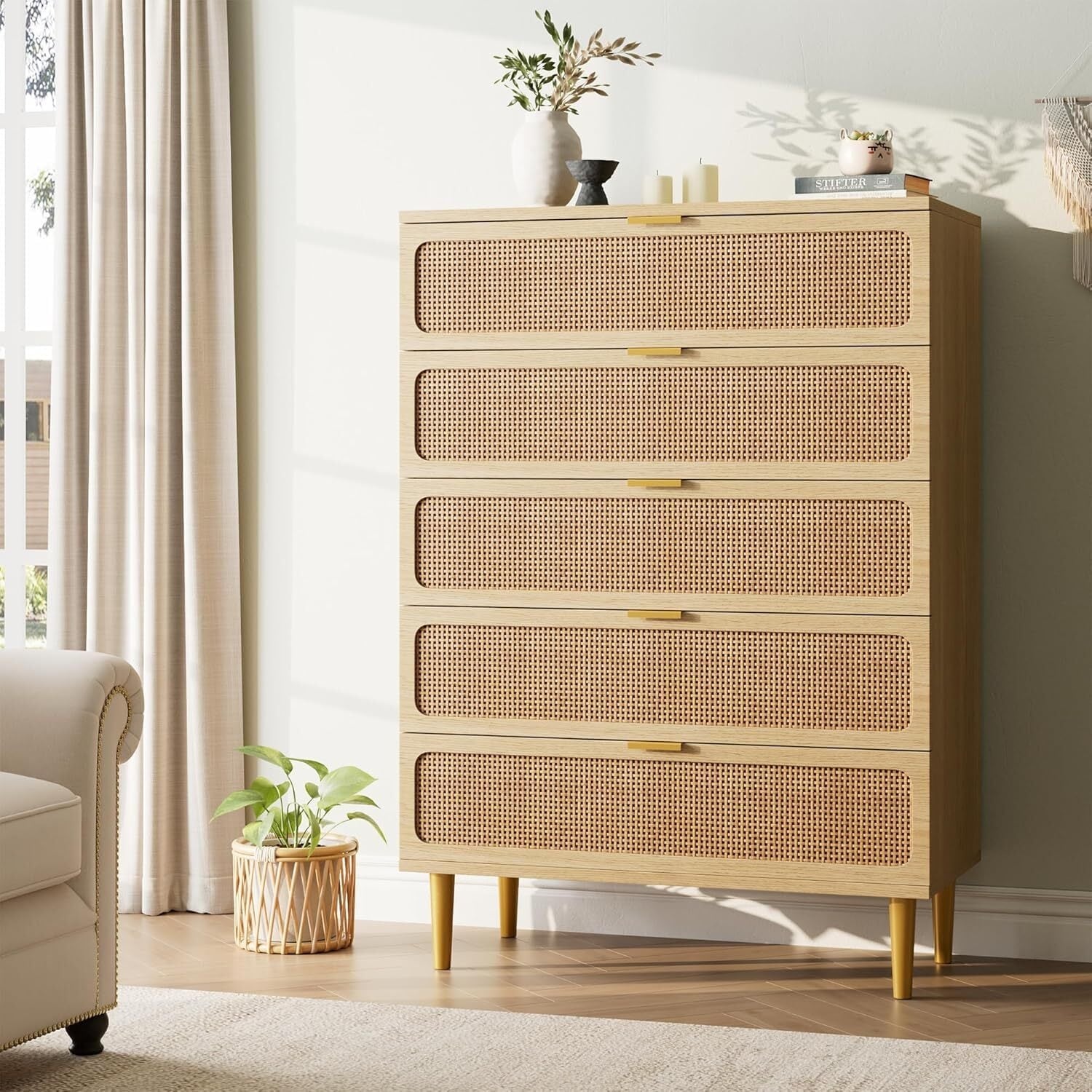 5 Drawer Rattan Horizontal Dresser for Bedroom