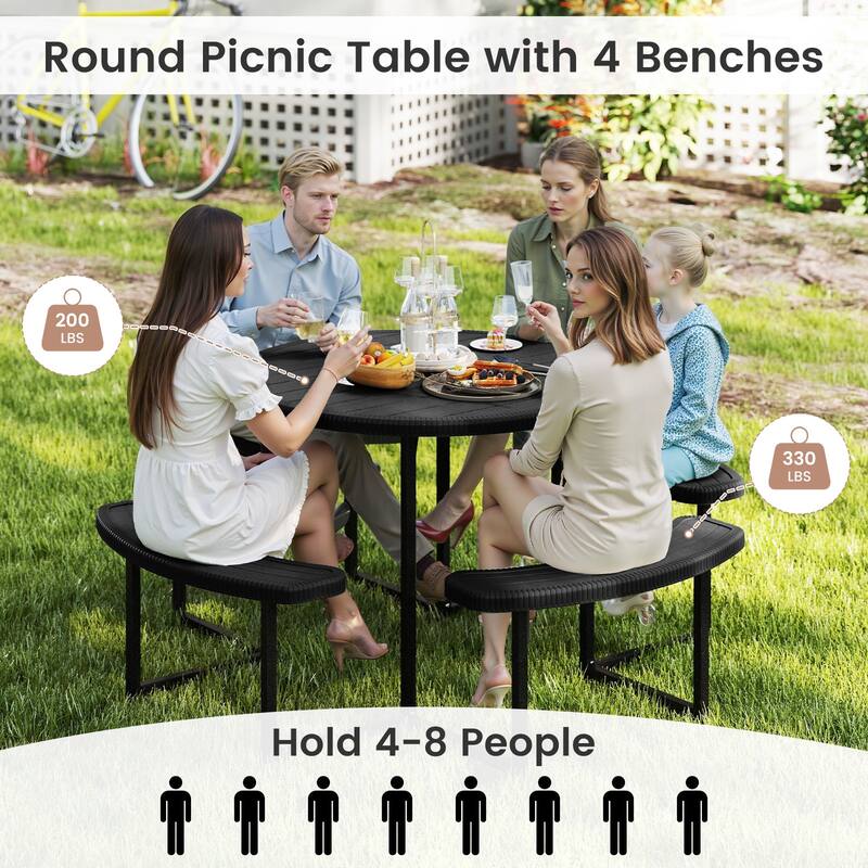 HDPE Round Picnic Table Set with 4 Benches and Umbrella Hole Perfect for Patio or Balcony