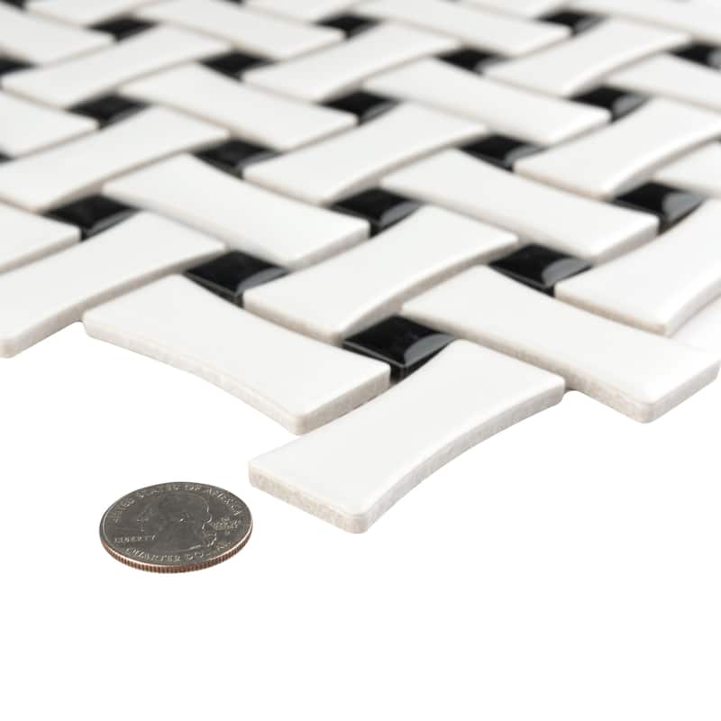 Merola Tile Metro Dog Bone Basketweave Matte White w/Glossy Black Dot 10" x 10" Porcelain Mosaic Tile