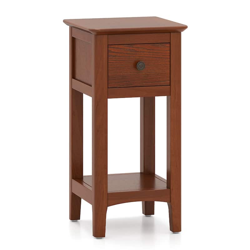 3 Tier Wooden Nightstand with Drawer and Shelf Solid Pine Side Table for Bedroom Living Room Compact End Table - Walnut