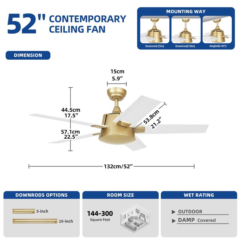 Moasis 52 Inch Modern Black Gold Ceiling Fan with Wall Switch & Remote