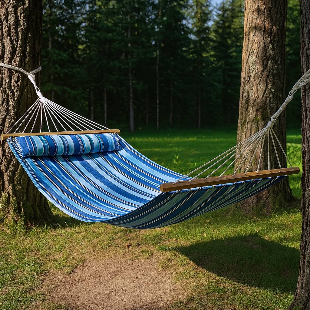 HomeRoots Light Blue And Dark Blue Striped Double Hammock - 125.50 in. x 1.00 in. x 55.00 in.