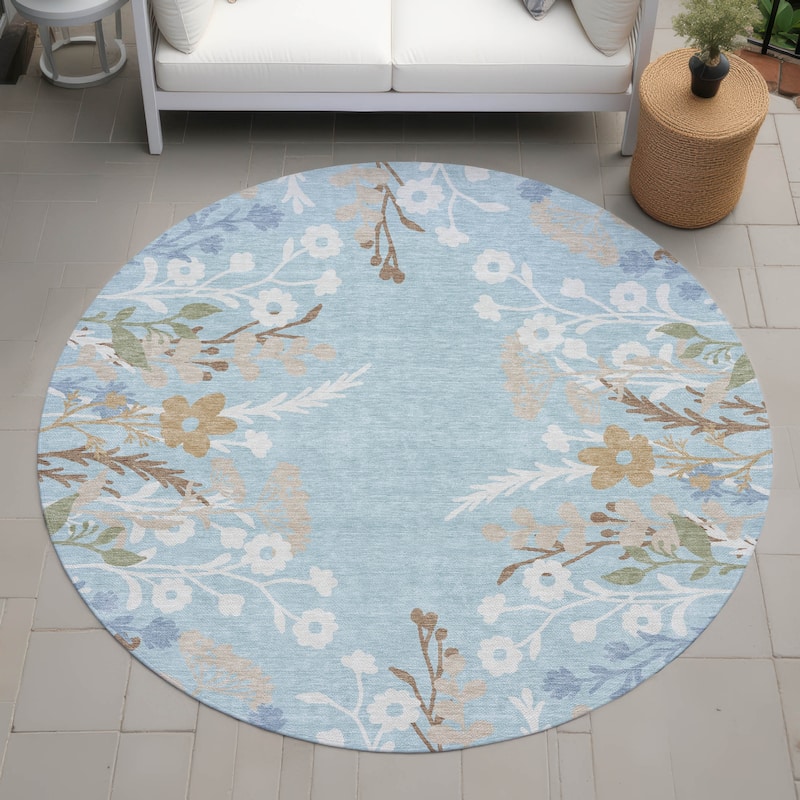 Machine Washable Indoor/ Outdoor Floral Border Chantille Rug - Sky - 8' x 8'