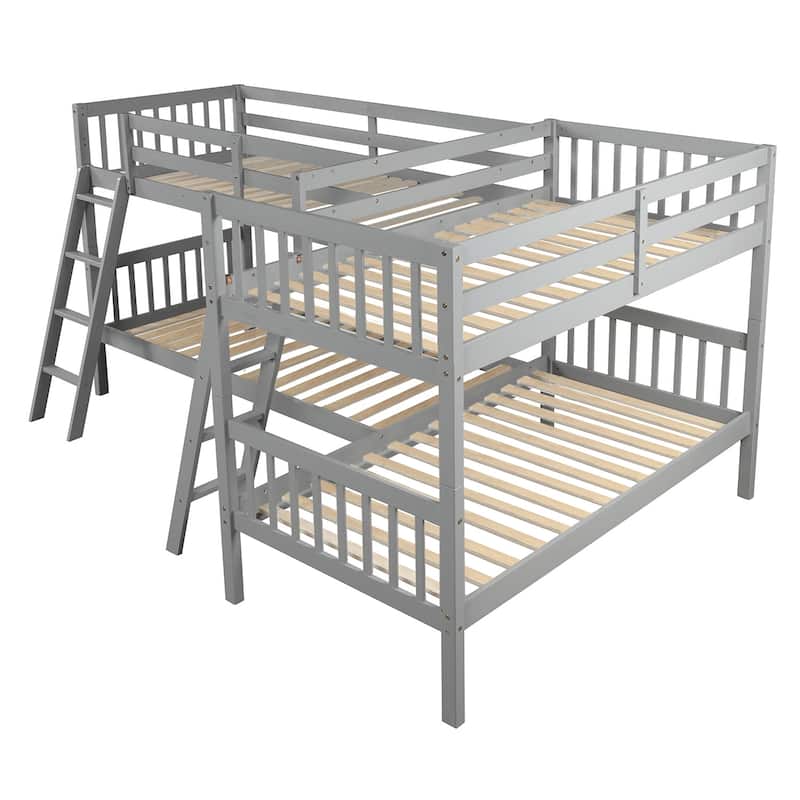 L Shaped Twin Size Bunk Bed Frame with 2 Ladder, Solid Pinewood Twin over Twin Size Bunk Bed Frame with Safety Guardrail