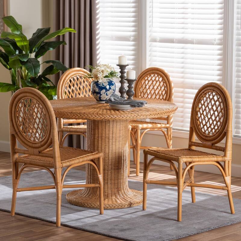 Winslow 5-Piece Rattan Dining Set - Round Wicker Table with Pedestal Base and 4 Chairs, Kitchen or Dining Room, Light Honey