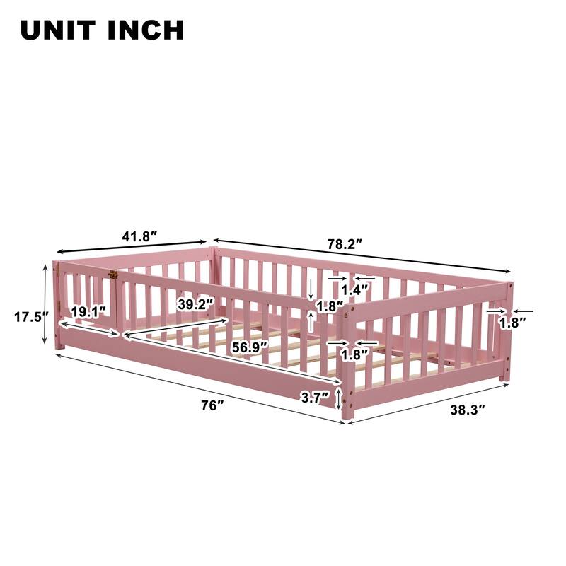 Twin size Floor Platform Bed with Fence and Door