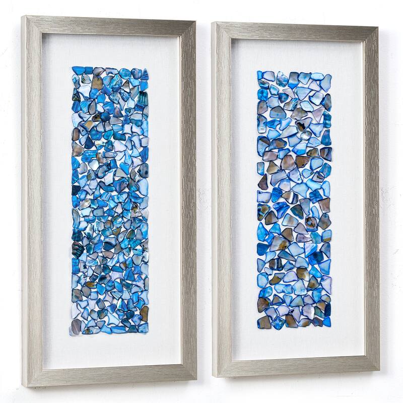 American Art Decor Blue Seashell Mosaic 3D Textured Wall Art, 2 Piece Set - Coastal Vertical Panels with Champagne Frame