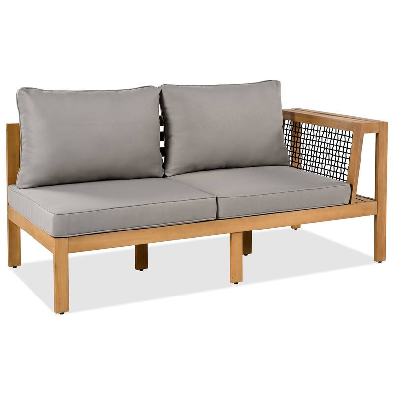 4-Pieces Outdoor Acacia Wood L-Shaped Sectional Sofa Set with Coffee Table and Arm Side Table