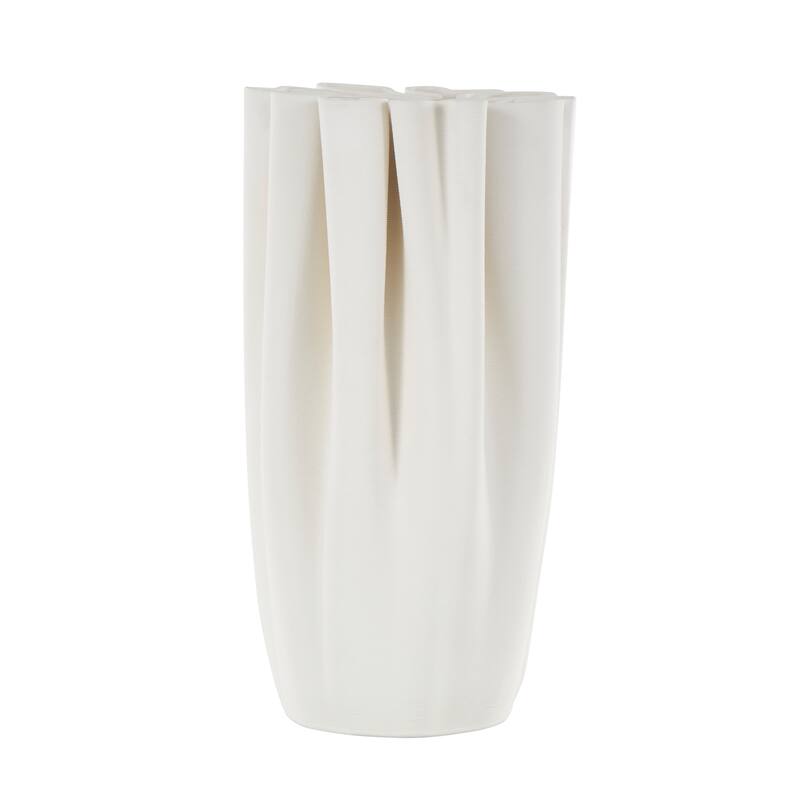 White Ceramic Ribbed Dimensional Folded Abstract Vase with Compact Wavy Rim