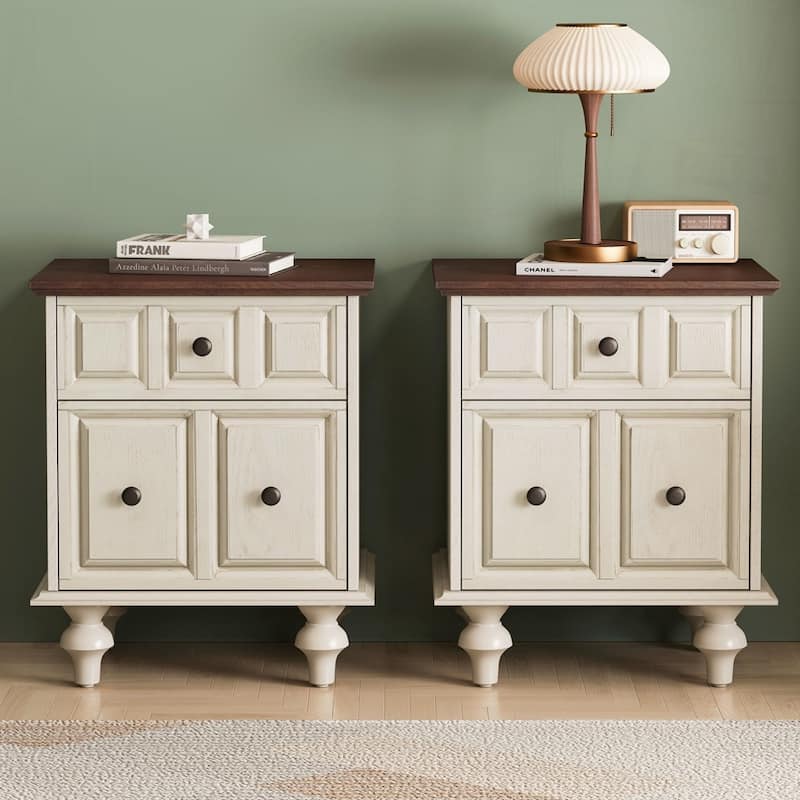 Wood NightStand with Metal Handle - Antique White/2-Piece - 2-drawer