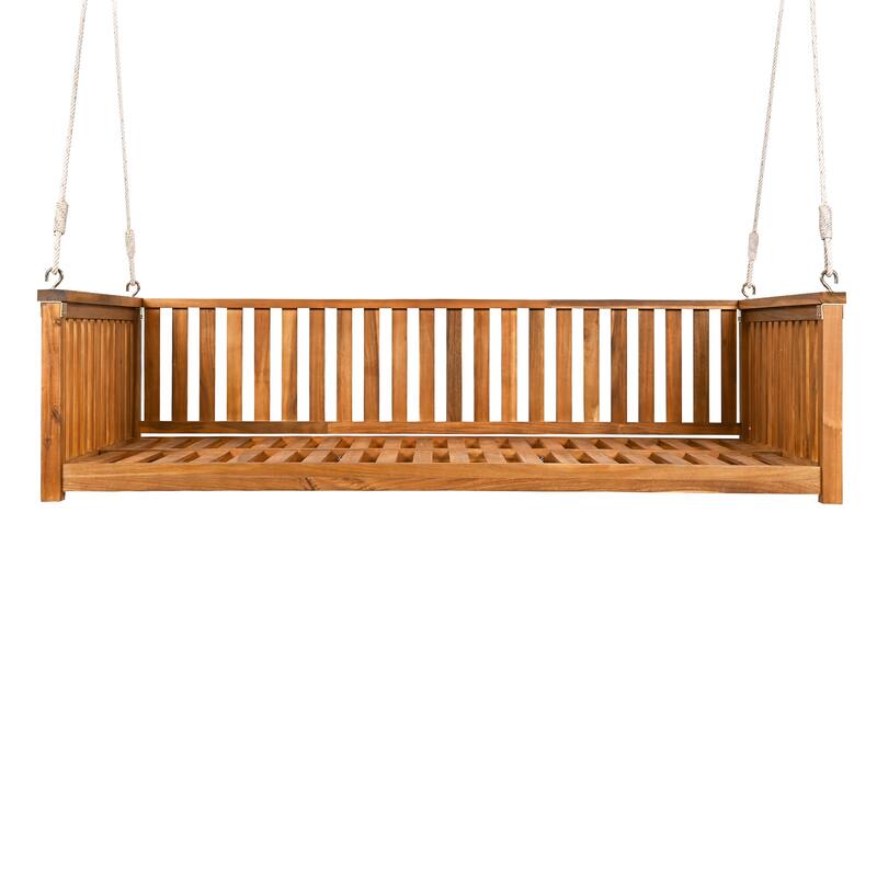 Acacia Wood Twin Size Patio Swing Bed, Outdoor Porch Hanging Bed with Safe Sloped Design and Hemp Ropes for Garden or Backyard