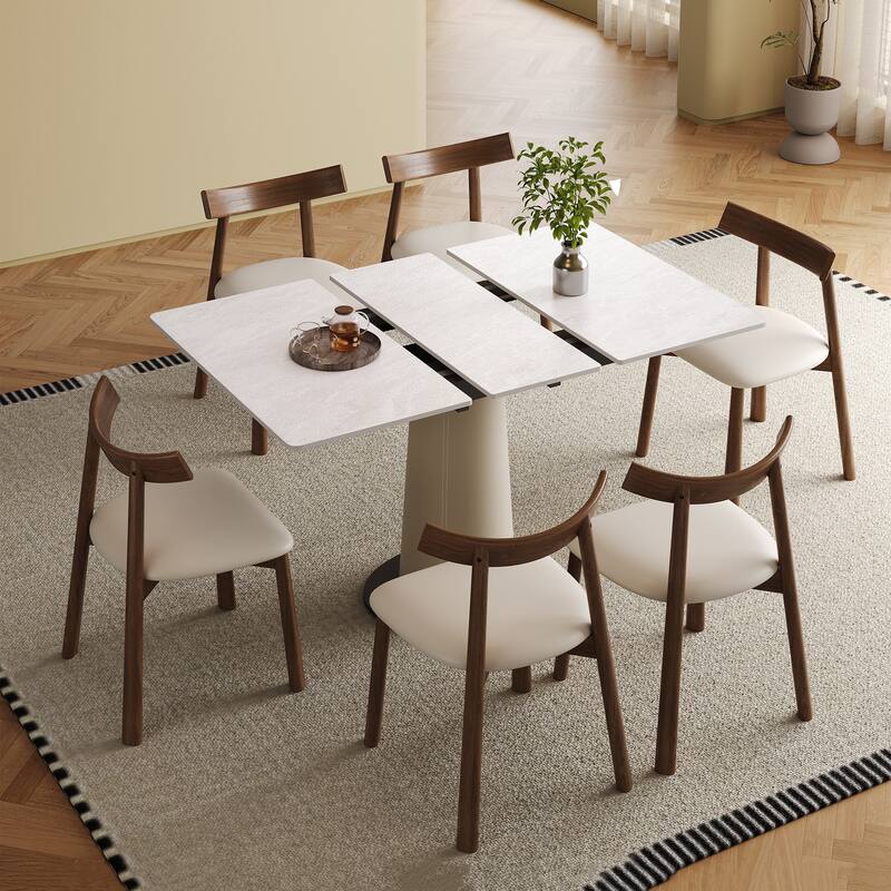 Roomfitters Retractable Rock Slab Dining Table Set, Modern Expandable Square Table with 6 Chairs, White