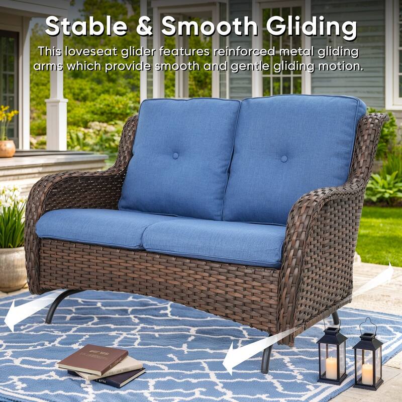 Patio Swivel Chair with Glider Loveseat Table - Blue cushion - Brown