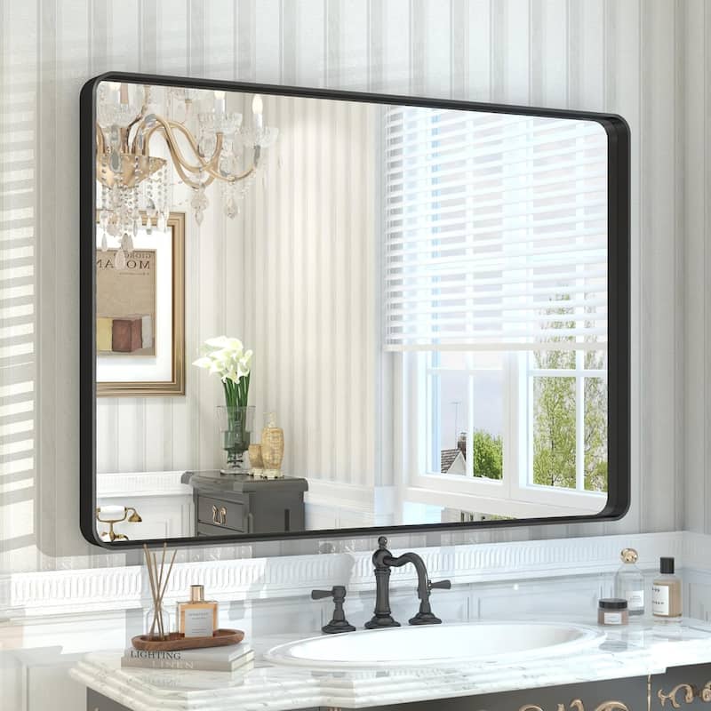 Aluminum Alloy Framed French Cleat Mounted Tempered Glass Wall Vanity Mirror - Black - 44" x 30"