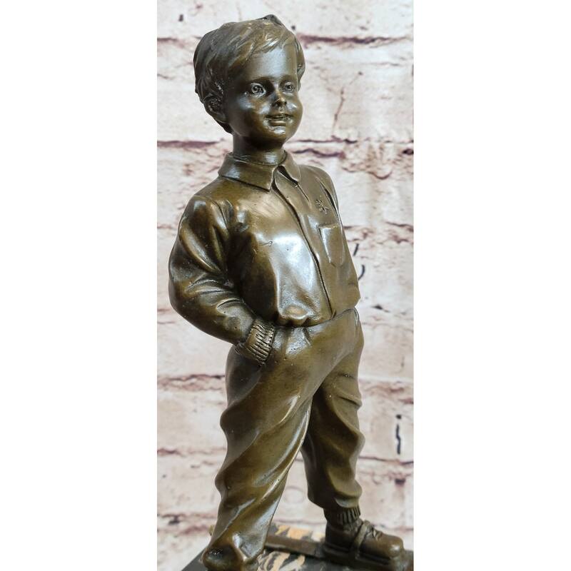 Little Boy On Skis Skiing Bronze Sculpture Statue Decor Art Figure On Marble Base