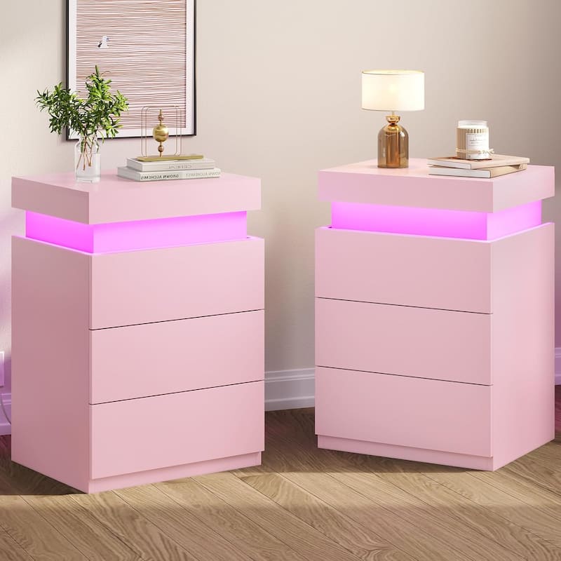Bedroom Nightstand Charging Station LED Lights Sliding Top 3 Drawers - Set of 2 Pink