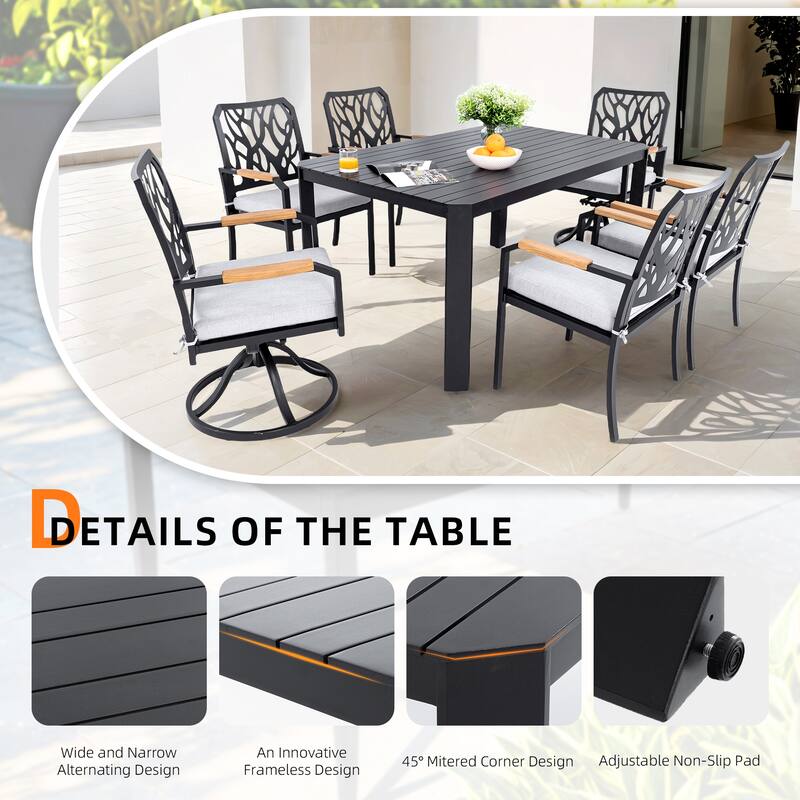 GDFStudio - Burbon 7-Piece Outdoor Aluminum Dining Set with Swivel Rockers and Branch