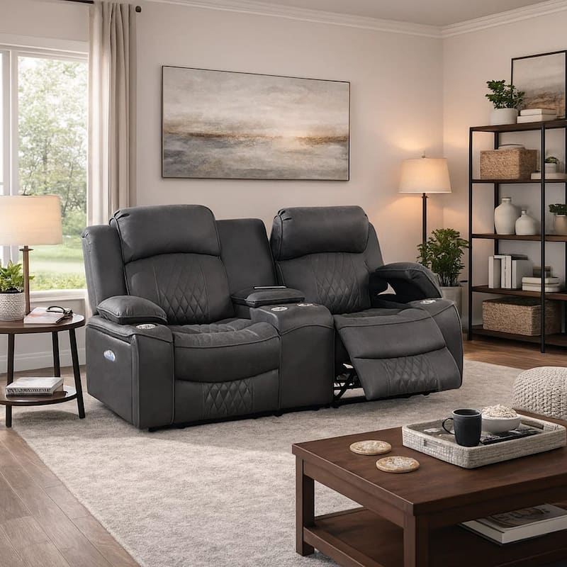 Seda 71 Inch Power Reclining Loveseat, Storage Console, Gray Faux Leather
