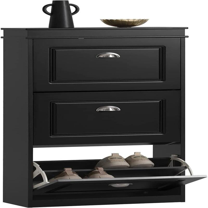 Black Shoe Cabinet with 3 Flip Drawers - Black - 9.4"D x 20.9"W x 46.1"H