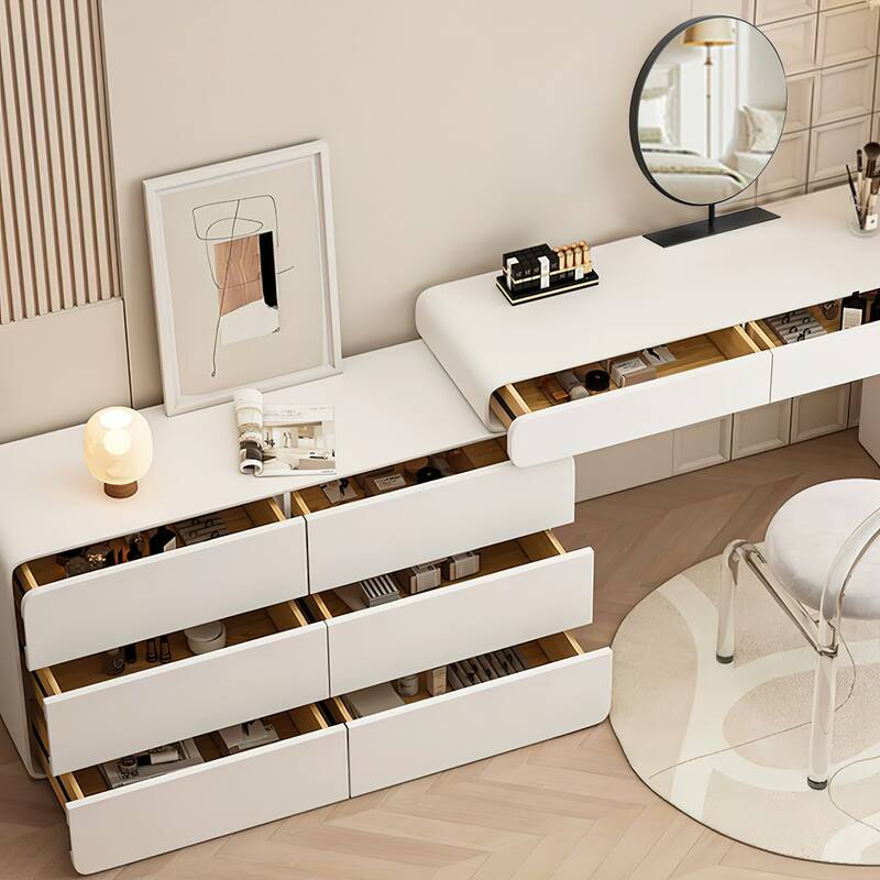 Deluxe Solid Wood White Dresser Set Expandable Sideboard Vanity and Stylish Acrylic Stool 6 Drawers
