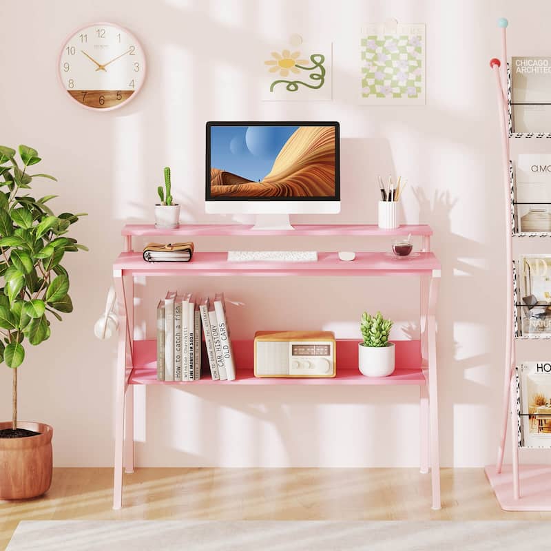 Costway Home Office Desk with Monitor Stand, Open Shelf & Metal Frame, - See Details