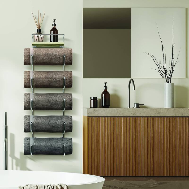 Five Level Bathroom Towel Rack Holder and Organizer - Silver