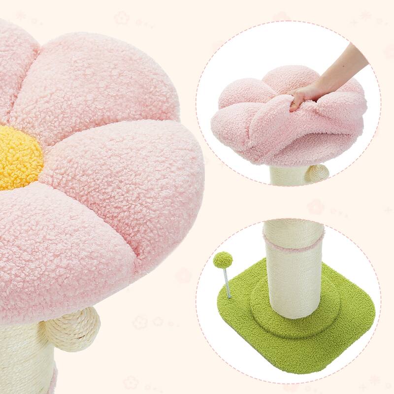 Small Flower Cat Scratching Post, Cat Tree with Super Thick Scratching Post, Removable Flower Cat Bed & Spring Ball