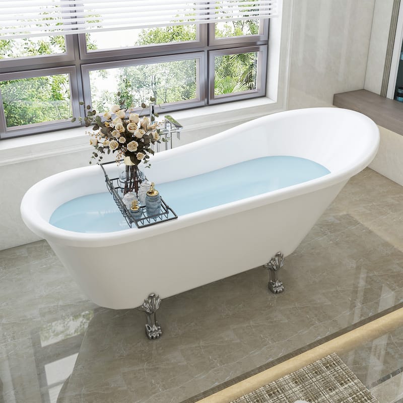 Vanity Art 68.9" Freestanding White Acrylic Bathtub Modern Stand Alone Soaking Tub with Polished Chrome & Pop-up Drain