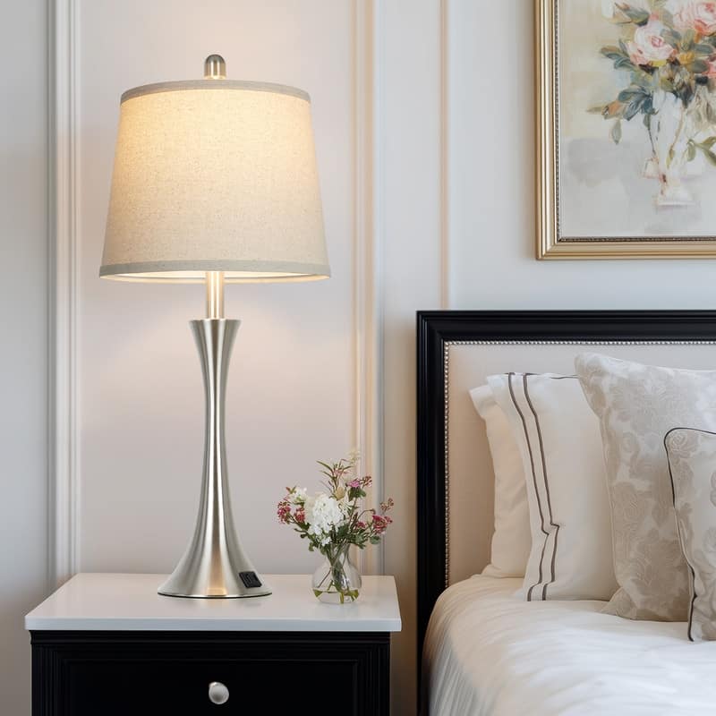 Set of 2 Modern 26-Inch Table Lamps with Dual USB Charging Ports and Oatmeal Fabric Shades - 12'' x 12'' x 27.5''