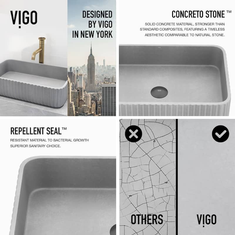 VIGO Windsor 21"L x 14"W Concrete Vessel Sink and Cass 12"H Faucet Set - Matte Brushed Gold