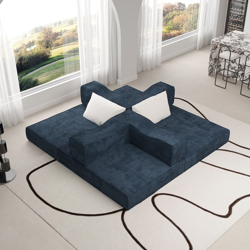 80" Convertible Sofa Bed with 2 Pillows, 2-Seat Folding Floor Couch, Multifunctional Chenille Loveseat Living Room Sleeper Sofa
