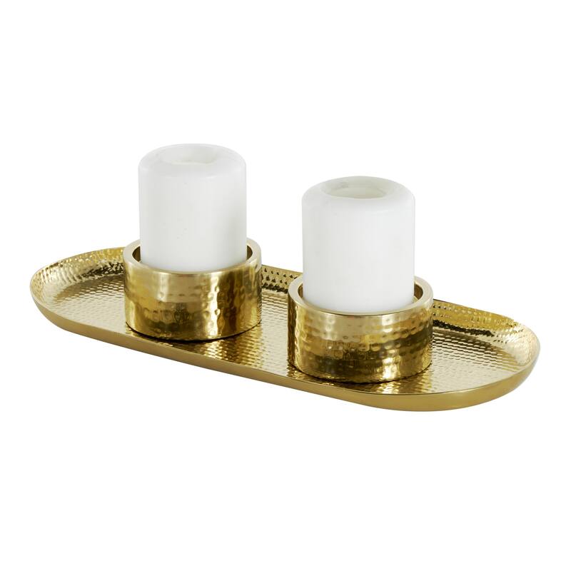 Stainless Steel Metal Hammered Decorative Candle Holder with Oval Tray Plate - Silver or Gold - Roche River Decor - Gold - 16"W, 2"H