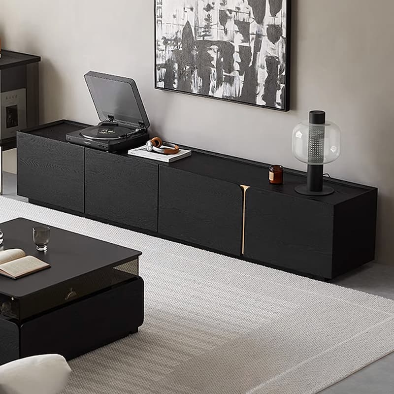 78.74" Modern TV Stands, Black Wood Texture, with 4 Large Cabinets for Storage - Black