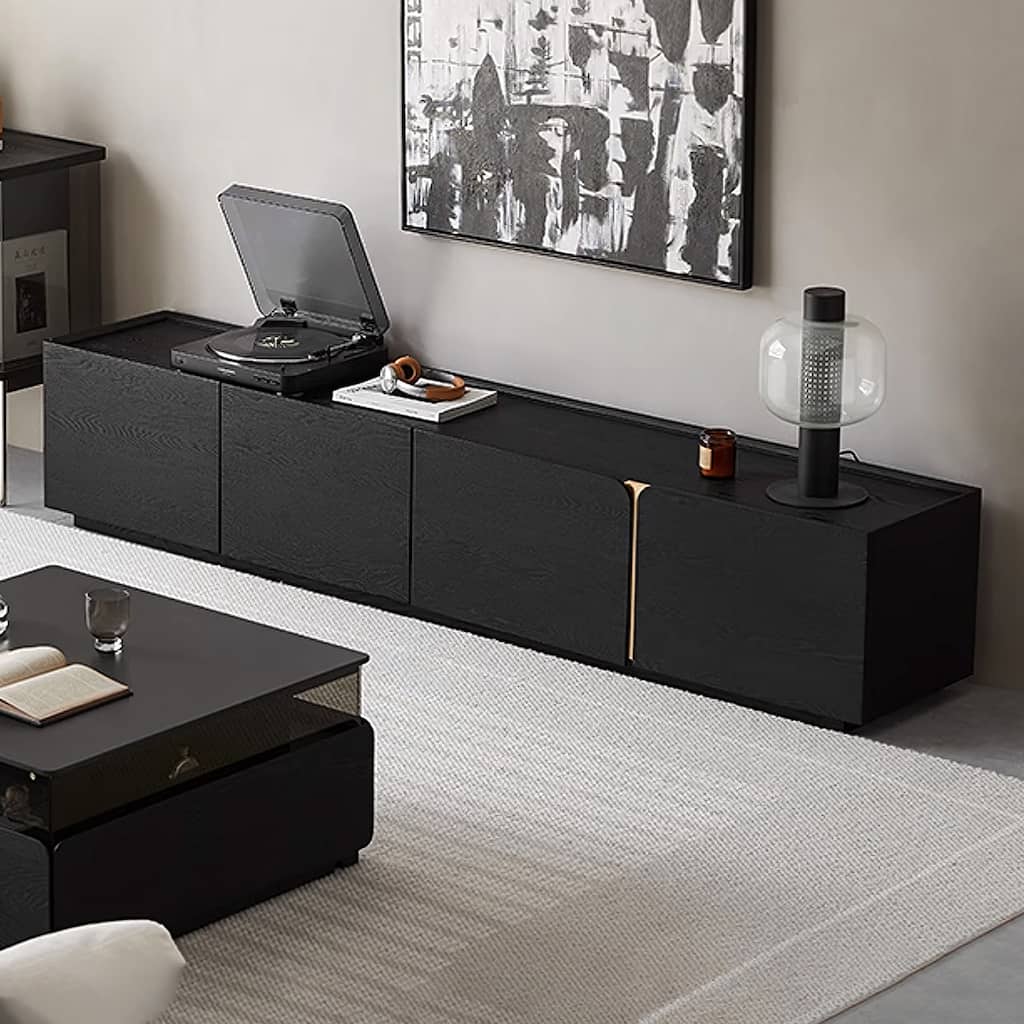 78.74" Modern TV Stands, Black Wood Texture, with 4 Large Cabinets for Storage