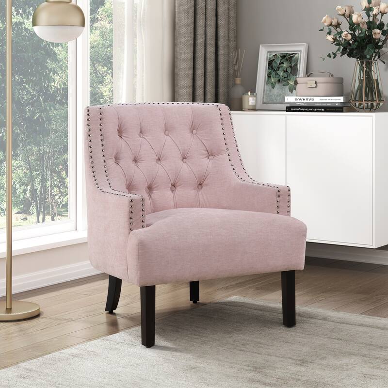 Modern Traditional Chenille Accent Chair with Nailhead Trim - Pink