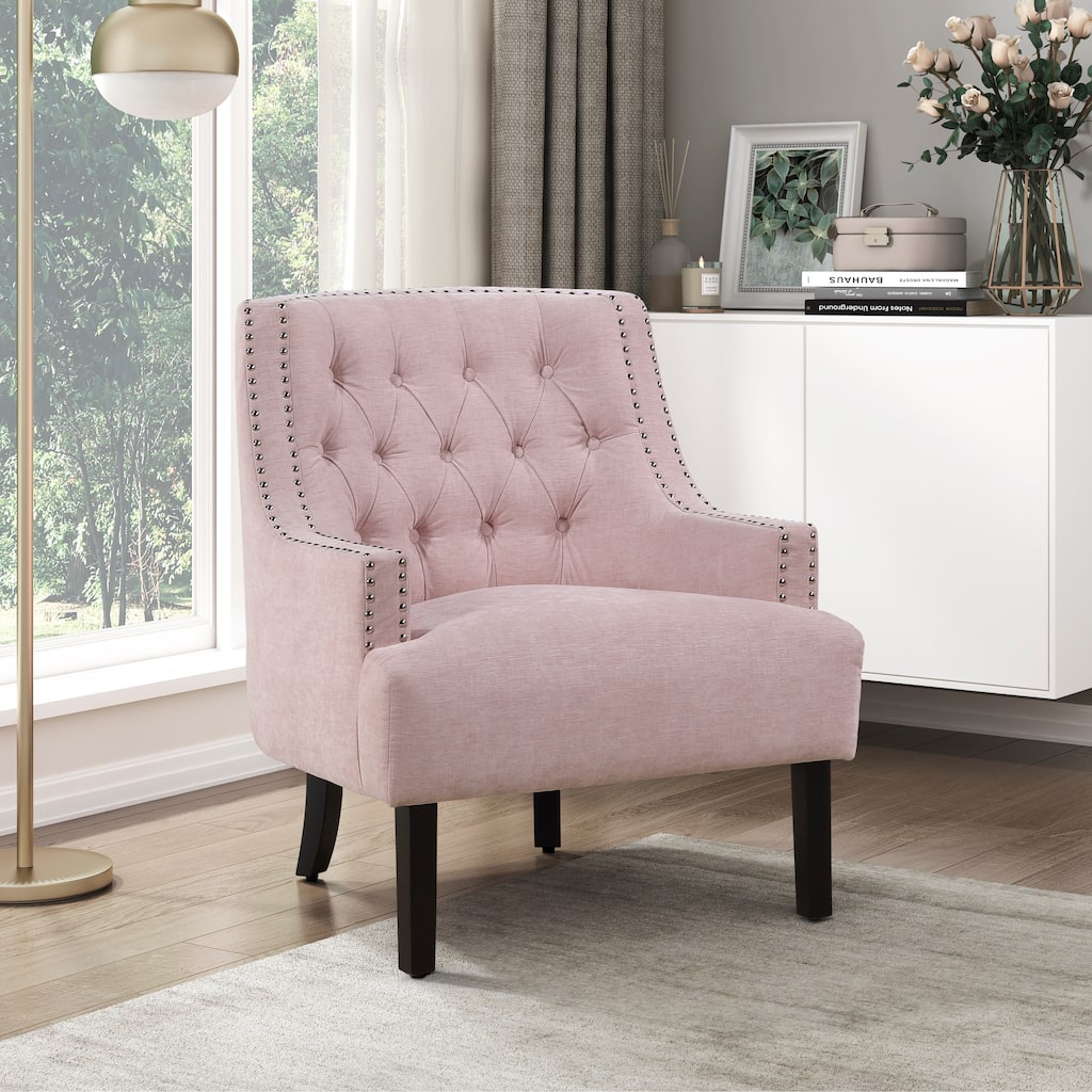 Pink Chenille Upholstered Accent Chair with Button-Tufted Back