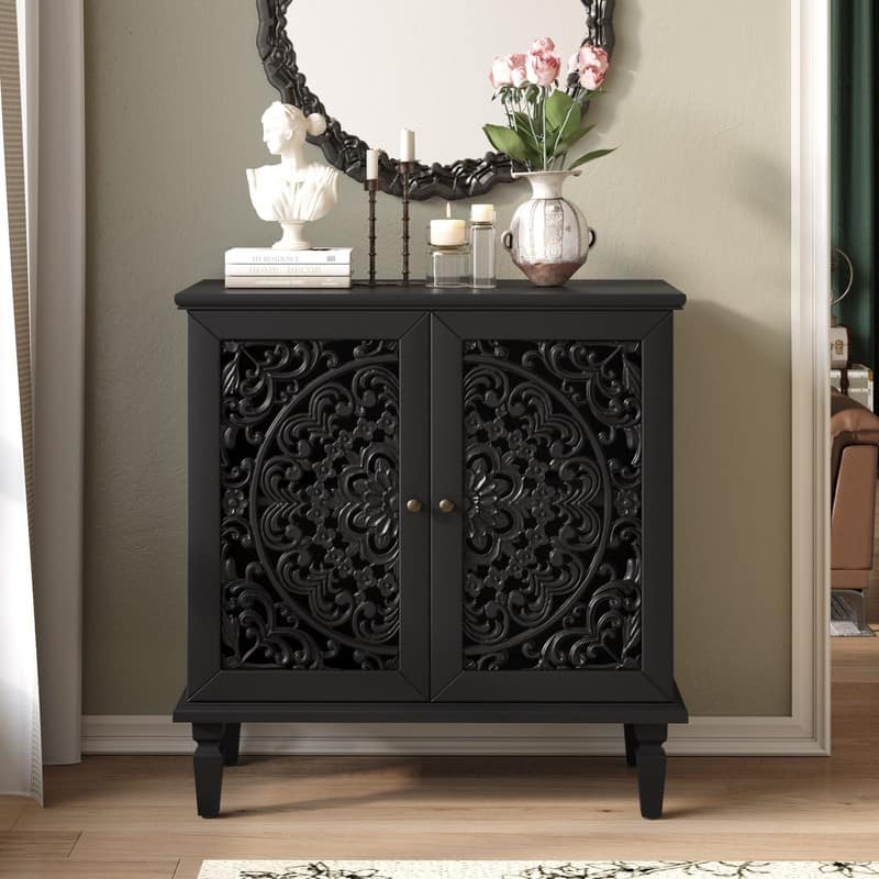 2-Door Vintage Hollow-Carved Accent Cabinet with Symmetrical Floral Design and Adjustable Storage Shelf