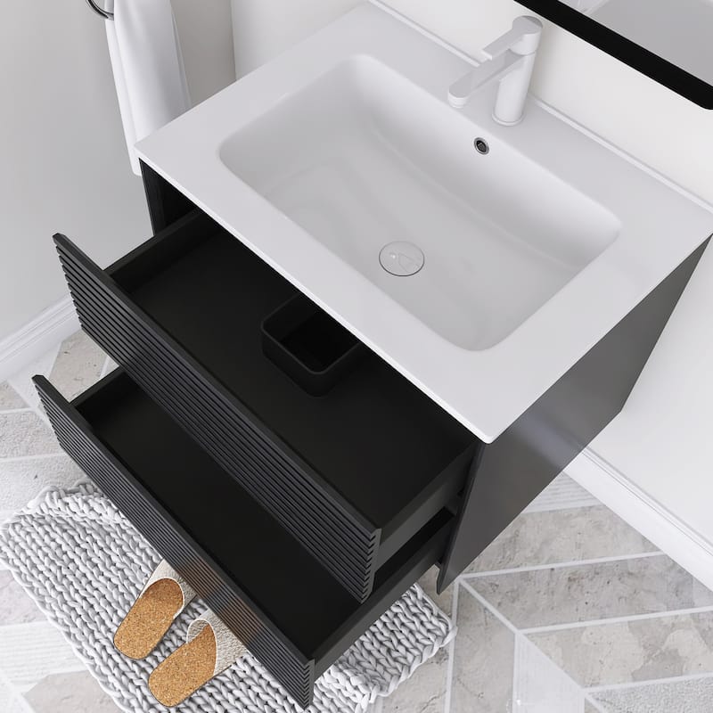 Wall-Mounted Bathroom Vanity with White Ceramic Sink
