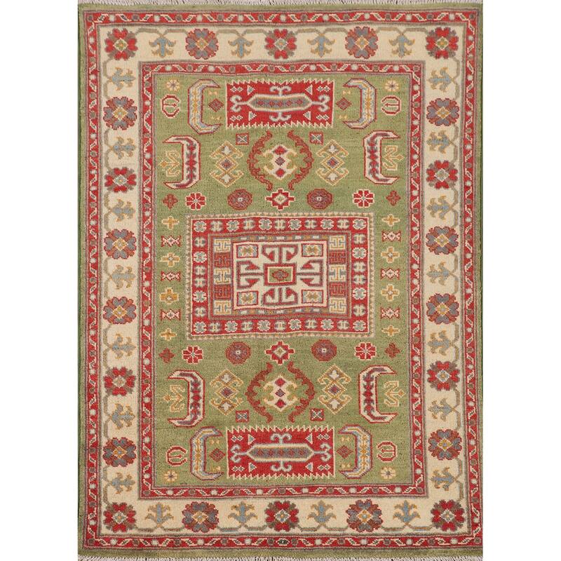 Light Green Geometric Kazak Accent Rug Handmade Wool Carpet - 3'4" x 4'7"
