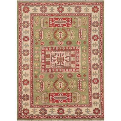 Light Green Geometric Kazak Accent Rug Handmade Wool Carpet - 3'4" x 4'7"