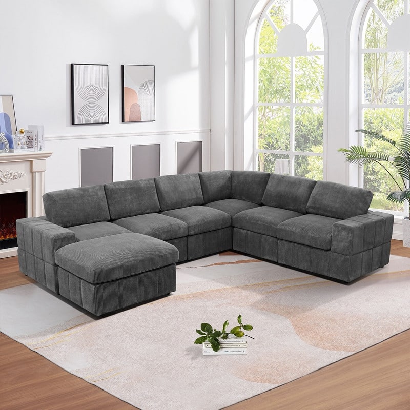 Corduroy Modular Sectional Sofa with Ottoman, Deep Seat L-Shaped Couch for Living Room, Dark Gray