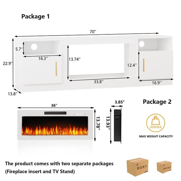 dimension image slide 0 of 6, Bossin 70" Fireplace TV Stand with 36" Electric Fireplace, TV Stand for TVs Up to 80", 20 Colors LED Lights/Entertainment Center